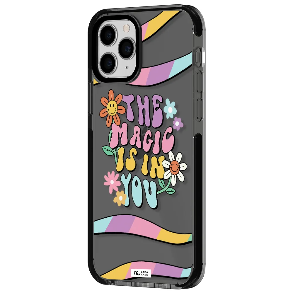 a cartoon text with flowers Apple iPhone 11 pro impact Smoke Black Case