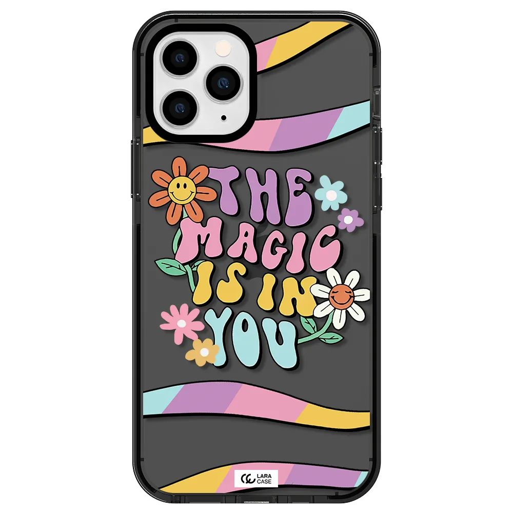 a cartoon text with flowers Apple iPhone 11 pro max impact Smoke Black Case