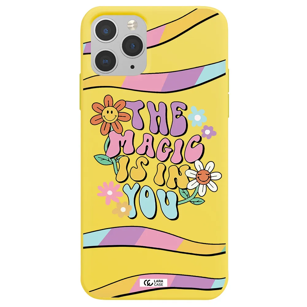 a cartoon text with flowers Apple iPhone 11 pro max Silicone canary yellow Case