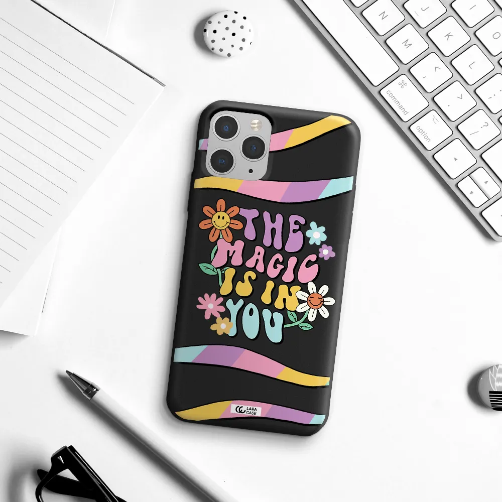 a cartoon text with flowers Apple iPhone 11 pro Silicone black Case