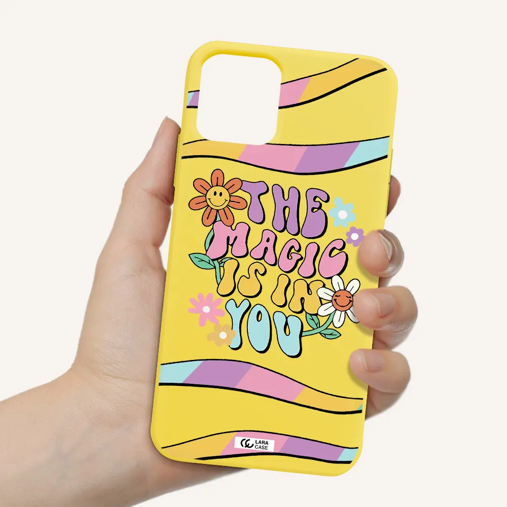 a cartoon text with flowers Apple iPhone 11 pro Silicone canary yellow Case