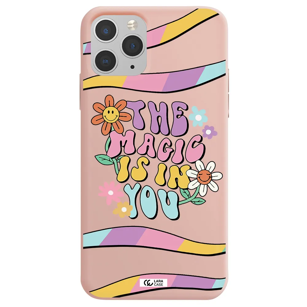 a cartoon text with flowers Apple iPhone 11 pro Silicone pastel pink Case