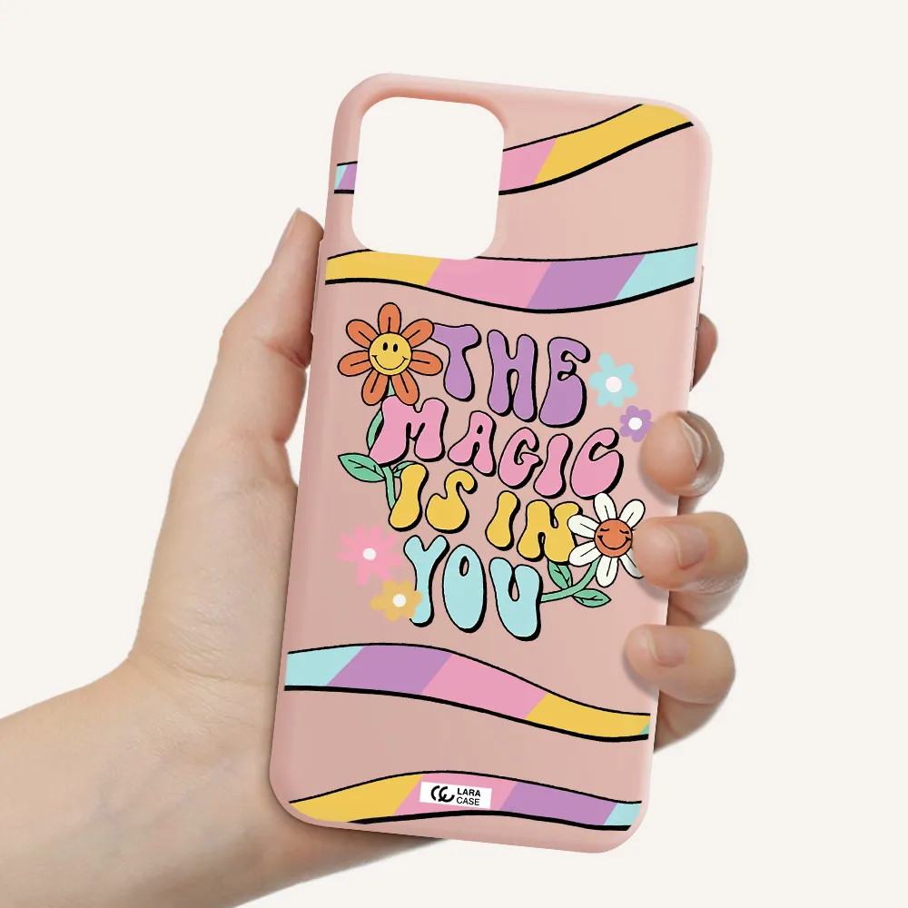 a cartoon text with flowers Apple iPhone 11 pro Silicone pastel pink Case