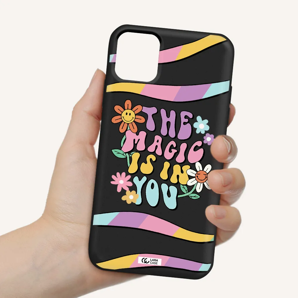 a cartoon text with flowers Apple iPhone 11 Silicone black Case