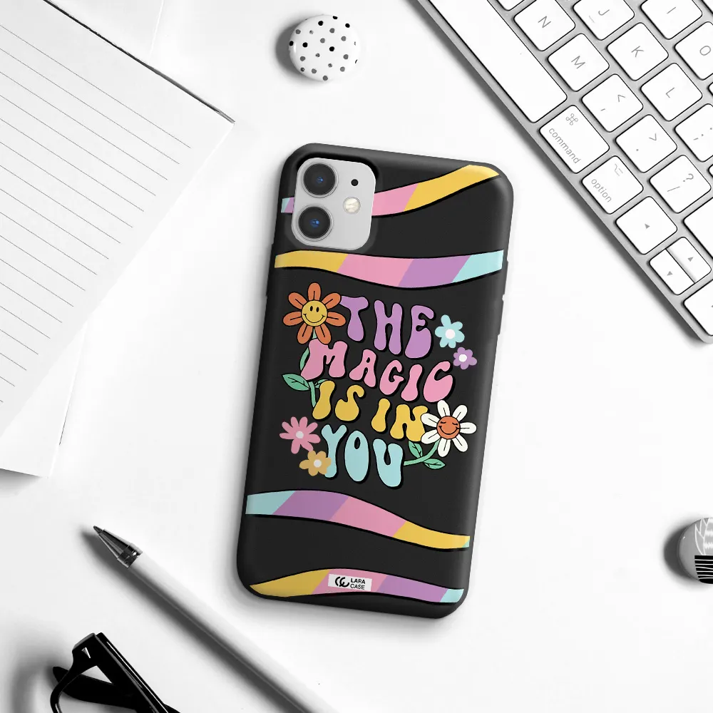 a cartoon text with flowers Apple iPhone 11 Silicone black Case