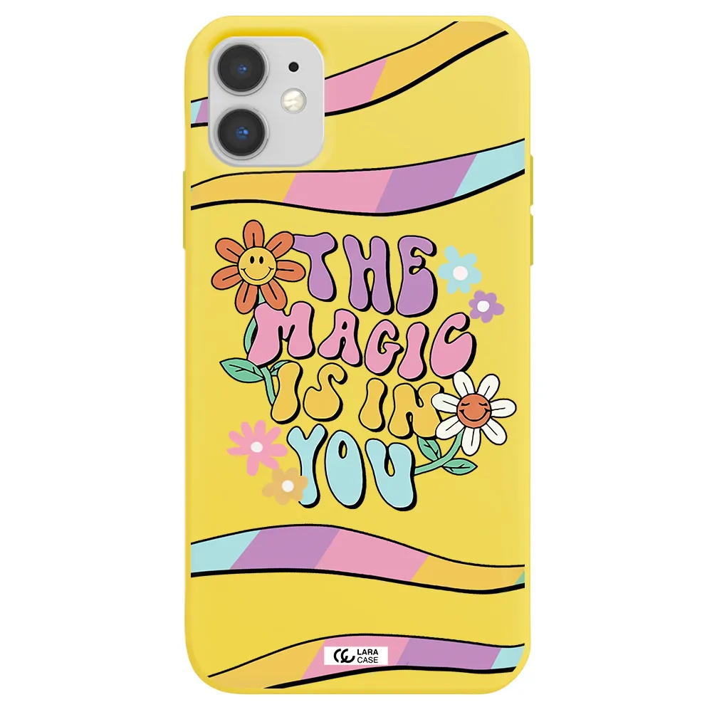 a cartoon text with flowers Apple iPhone 11 Silicone canary yellow Case