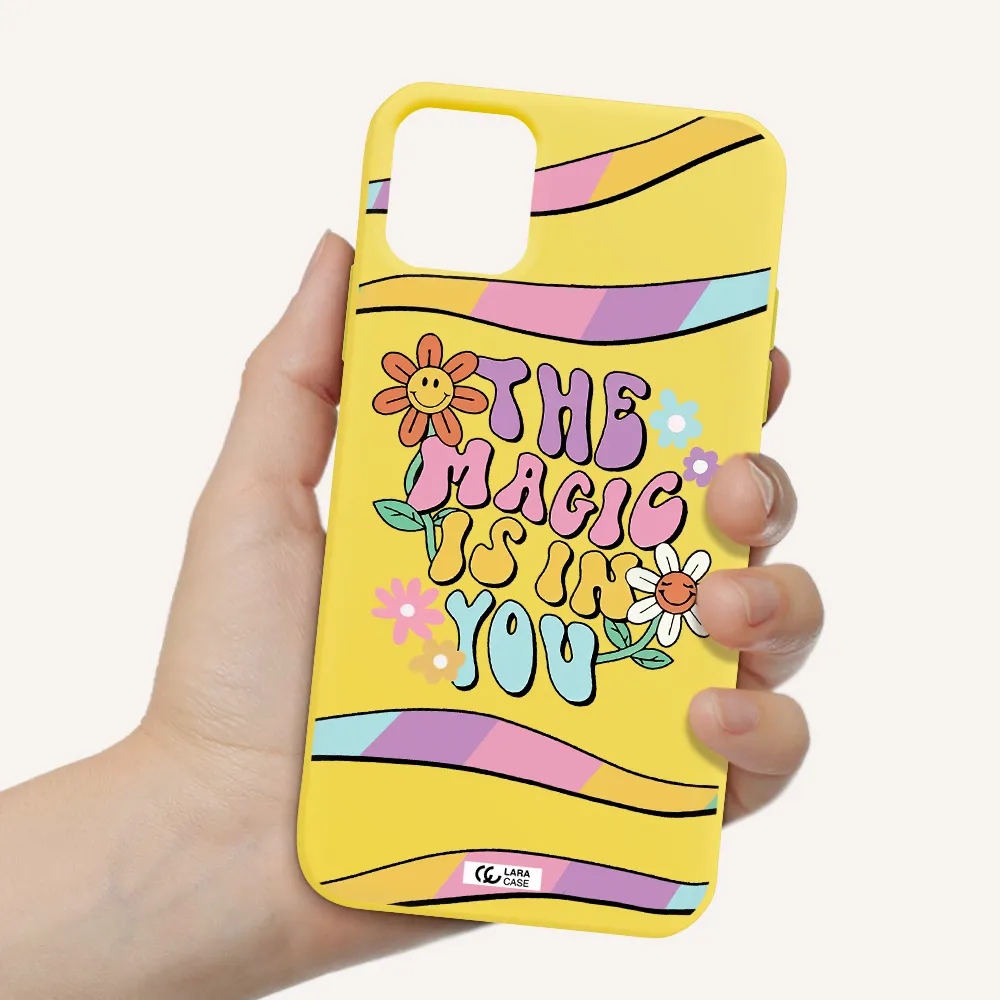 a cartoon text with flowers Apple iPhone 11 Silicone canary yellow Case