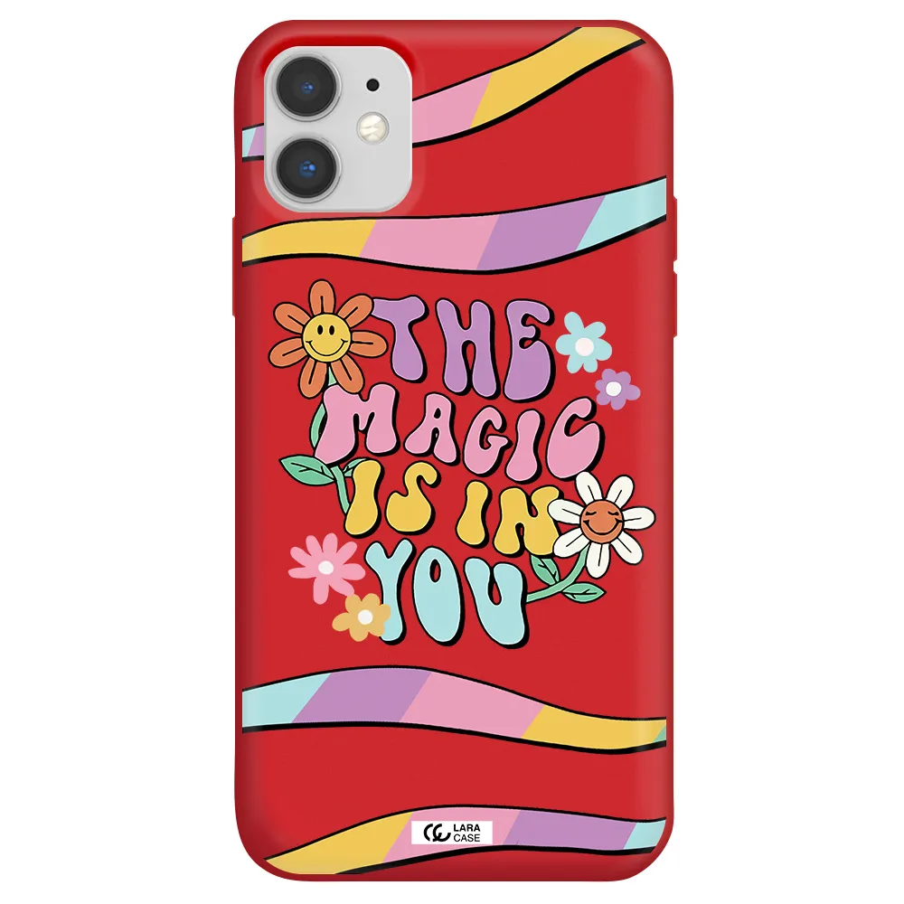 a cartoon text with flowers Apple iPhone 11 Silicone Imperial Red Case