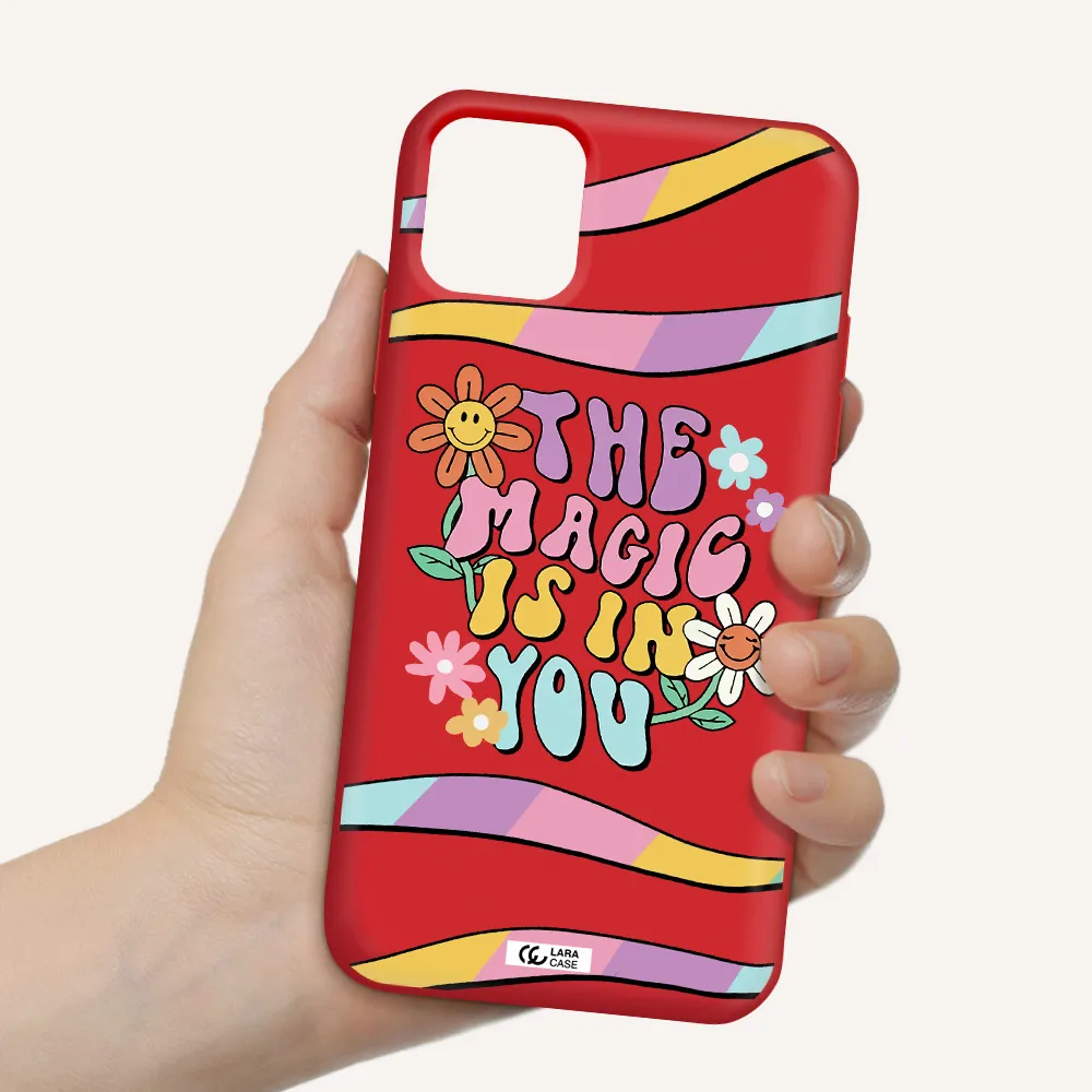 a cartoon text with flowers Apple iPhone 11 Silicone Imperial Red Case