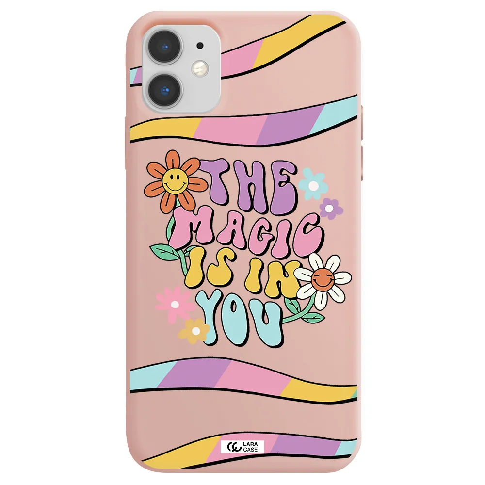 a cartoon text with flowers Apple iPhone 11 Silicone pastel pink Case