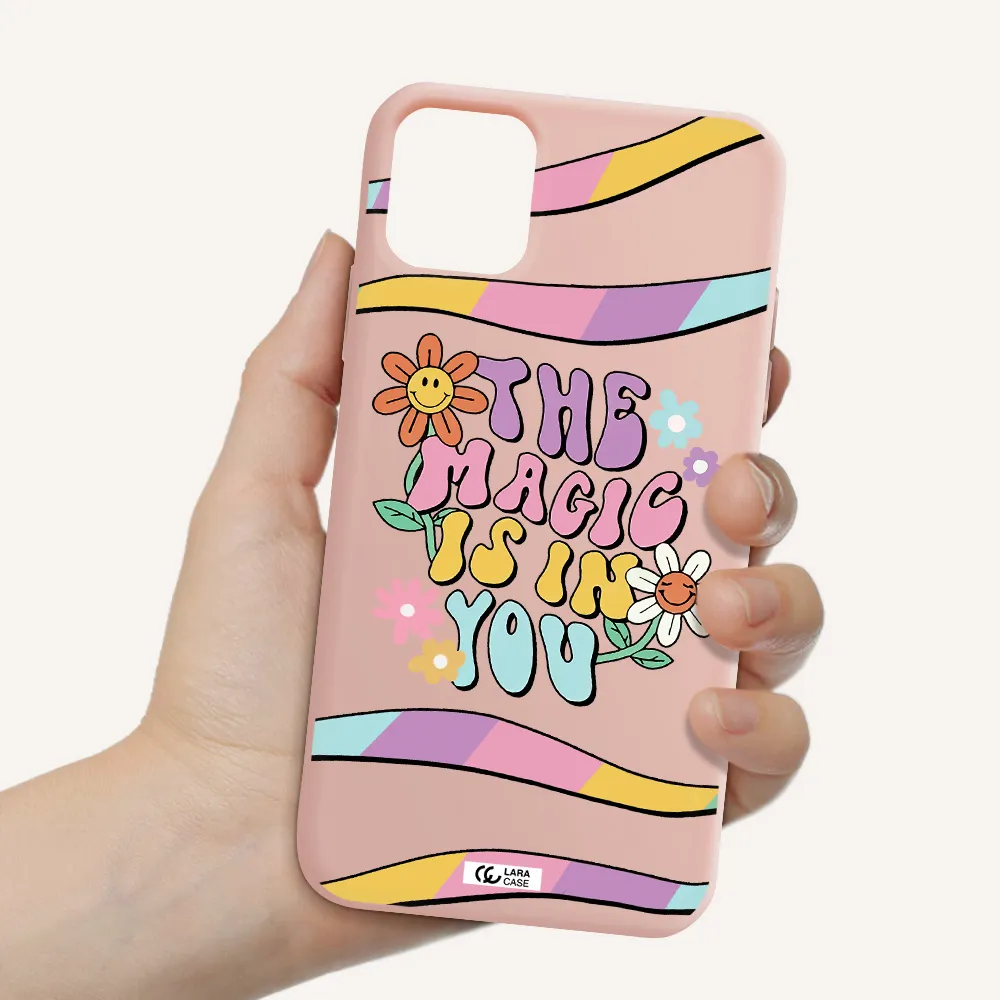 a cartoon text with flowers Apple iPhone 11 Silicone pastel pink Case