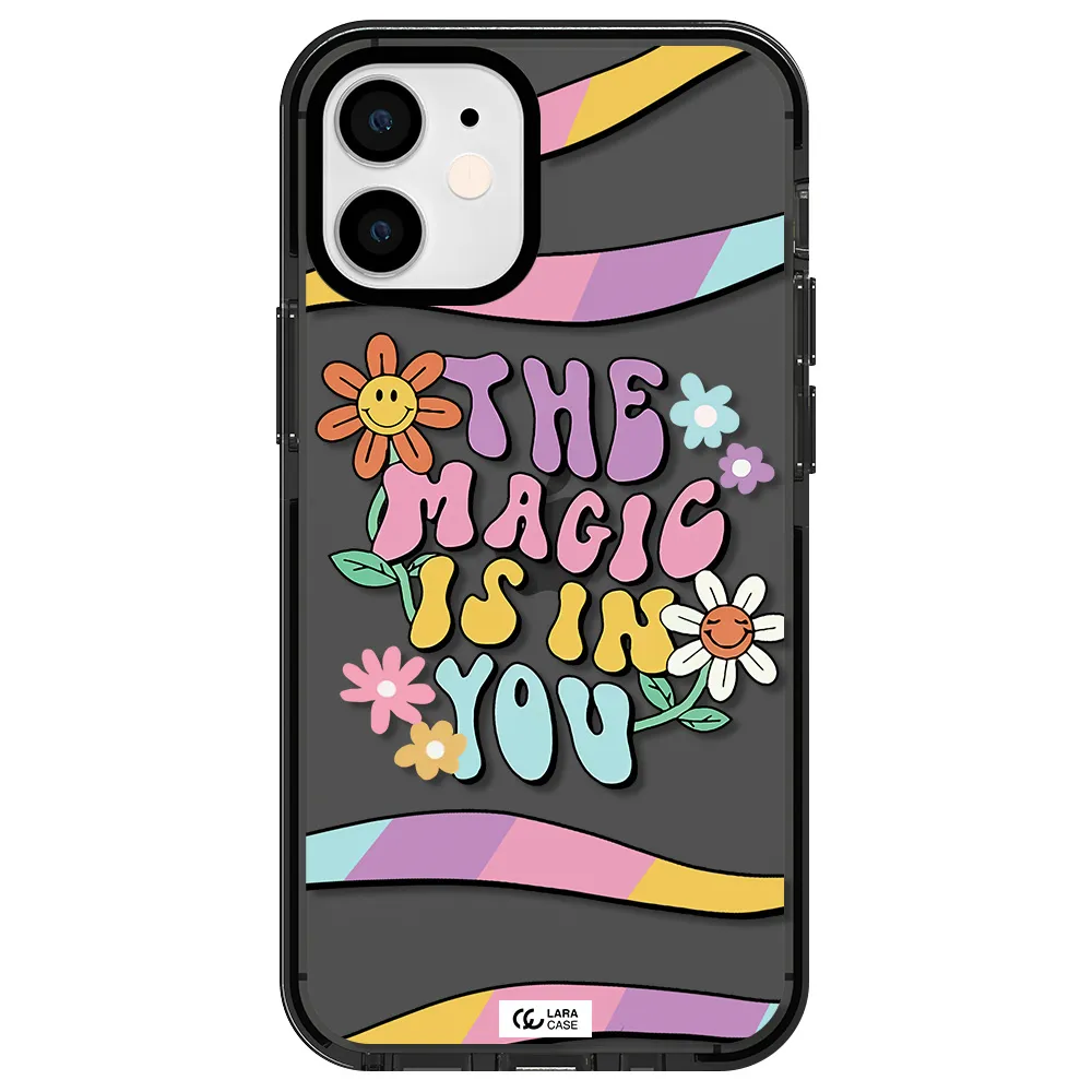 a cartoon text with flowers Apple iPhone 12 mini impact Smoke Black Case