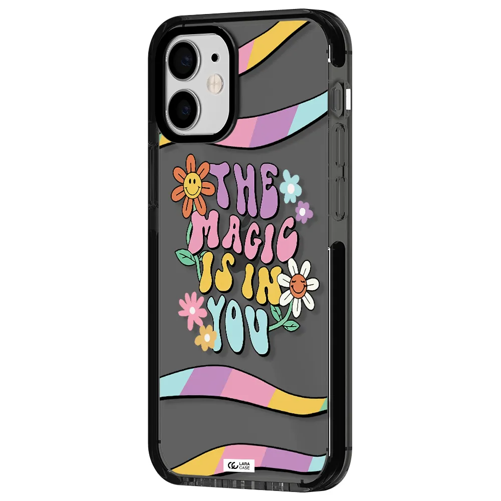 a cartoon text with flowers Apple iPhone 12 mini impact Smoke Black Case