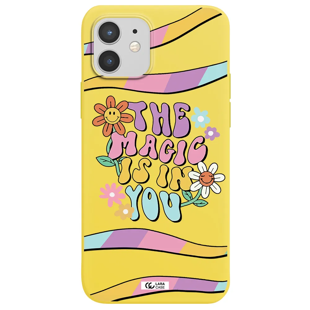 a cartoon text with flowers Apple iPhone 12 mini Silicone canary yellow Case