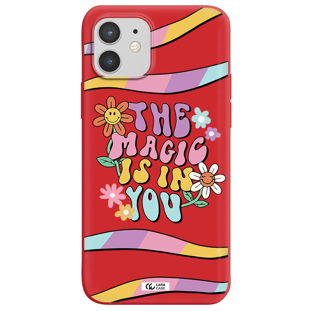 a cartoon text with flowers Apple iPhone 12 mini Silicone Imperial Red Case