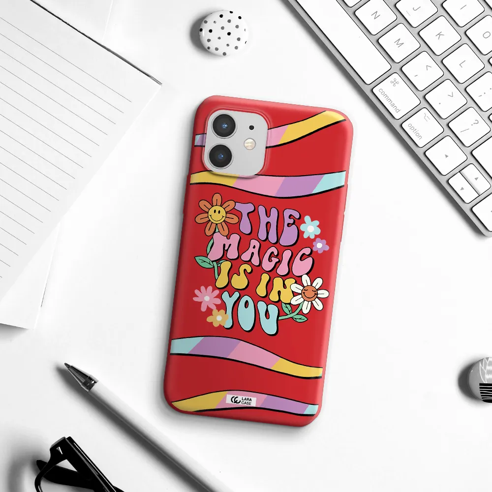 a cartoon text with flowers Apple iPhone 12 mini Silicone Imperial Red Case