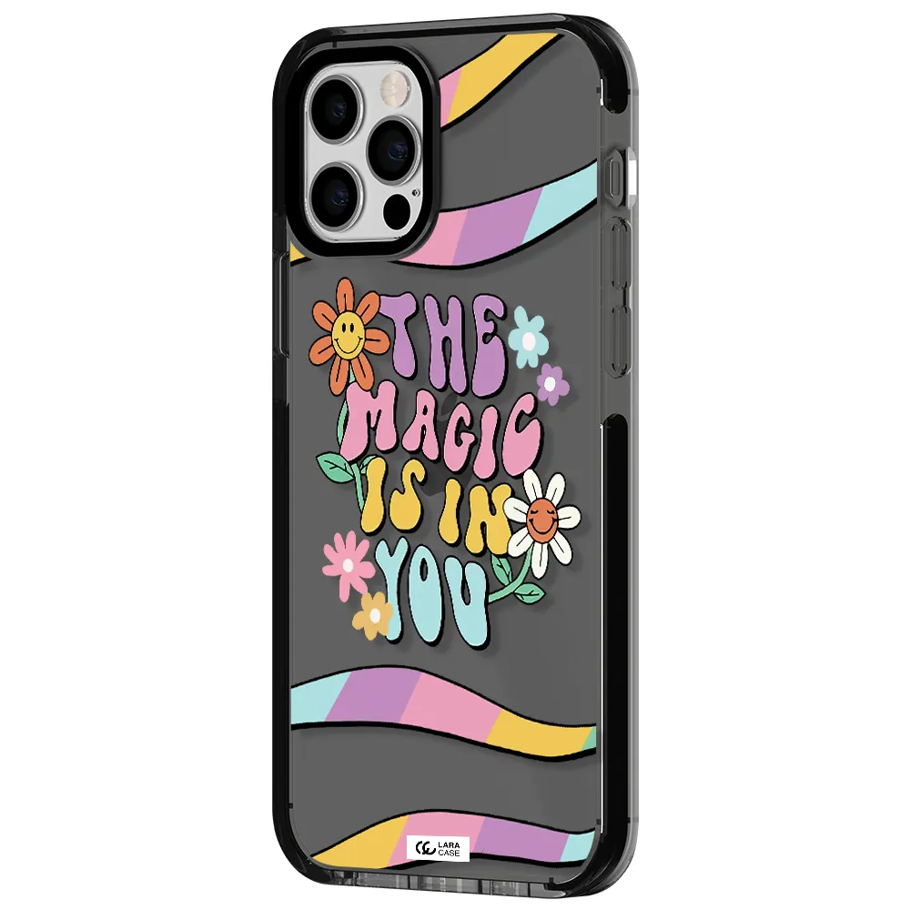 a cartoon text with flowers Apple iPhone 12 pro impact Smoke Black Case