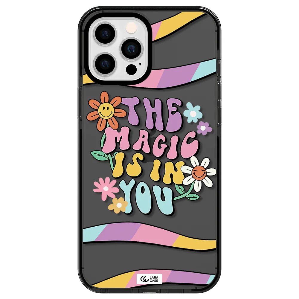 a cartoon text with flowers Apple iPhone 12 pro max impact Smoke Black Case