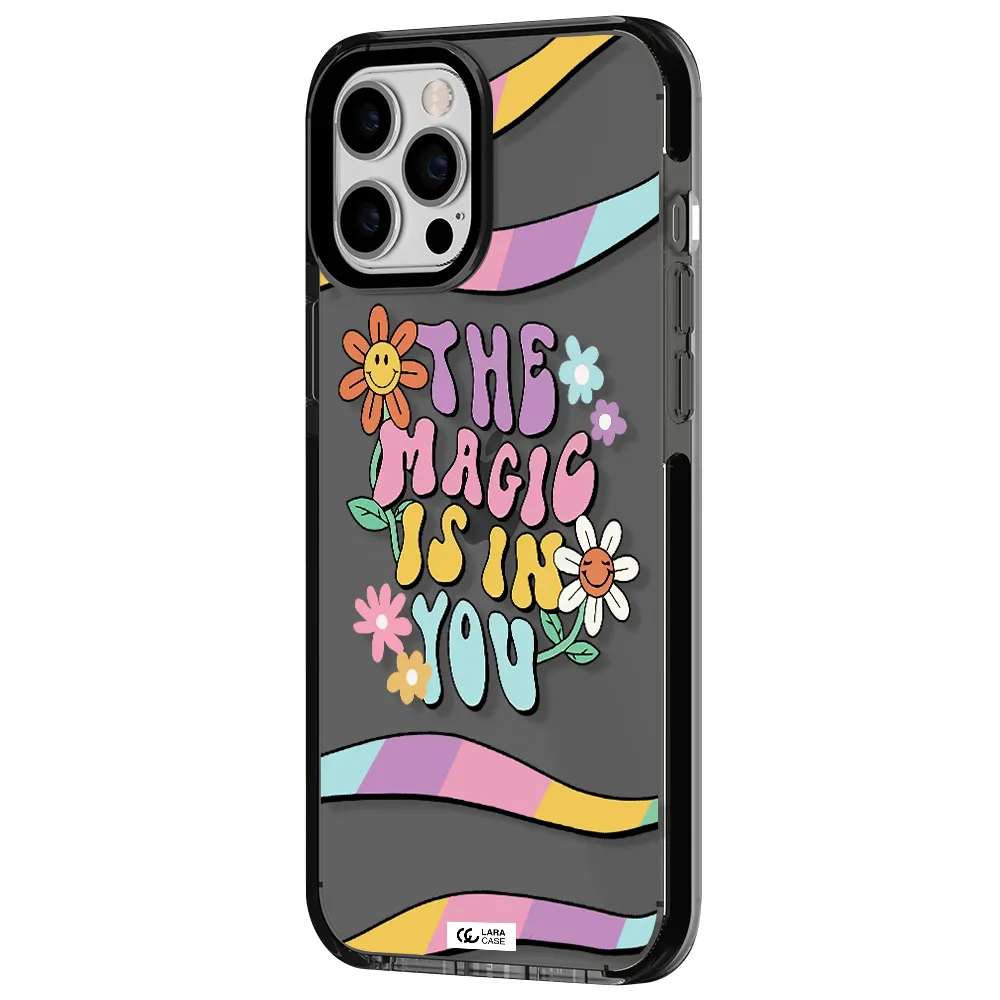 a cartoon text with flowers Apple iPhone 12 pro max impact Smoke Black Case