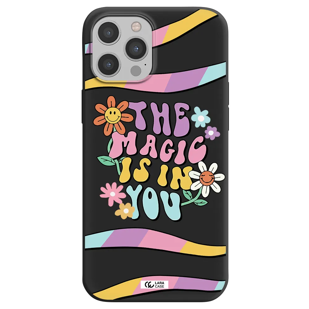 a cartoon text with flowers Apple iPhone 12 pro max Silicone black Case