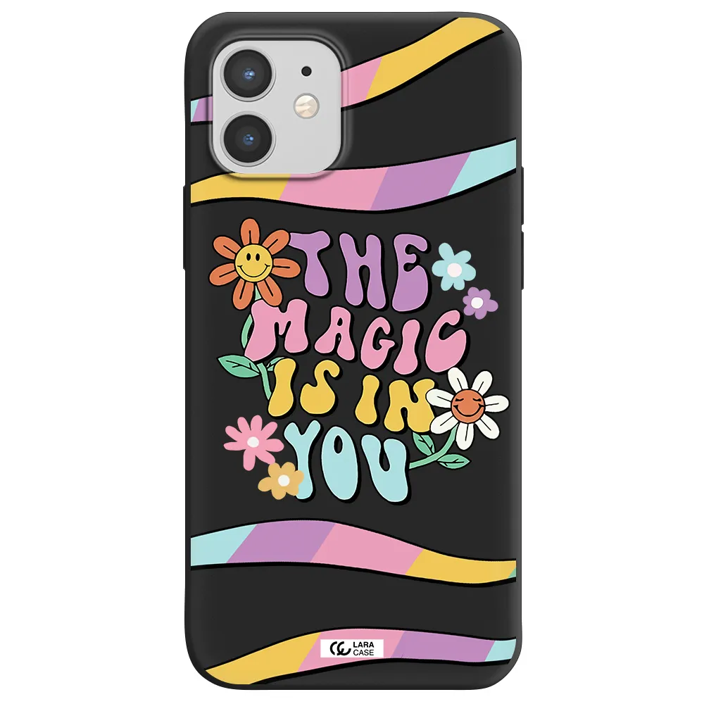 a cartoon text with flowers Apple iPhone 12 Silicone black Case