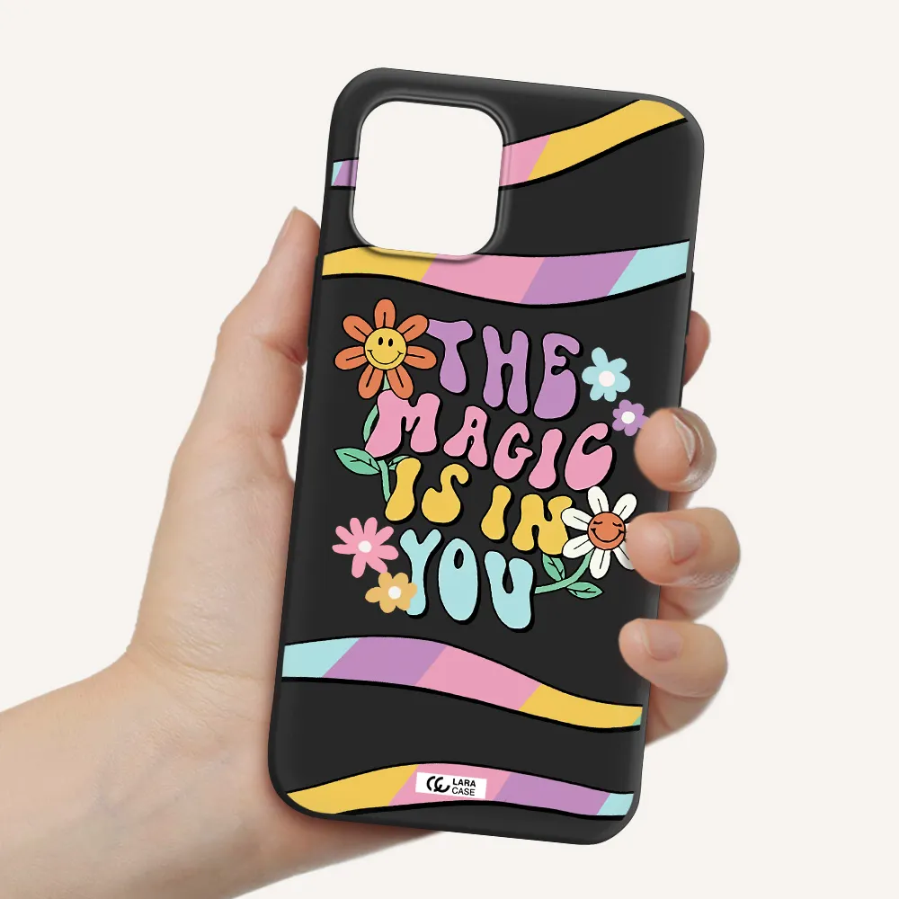 a cartoon text with flowers Apple iPhone 12 Silicone black Case