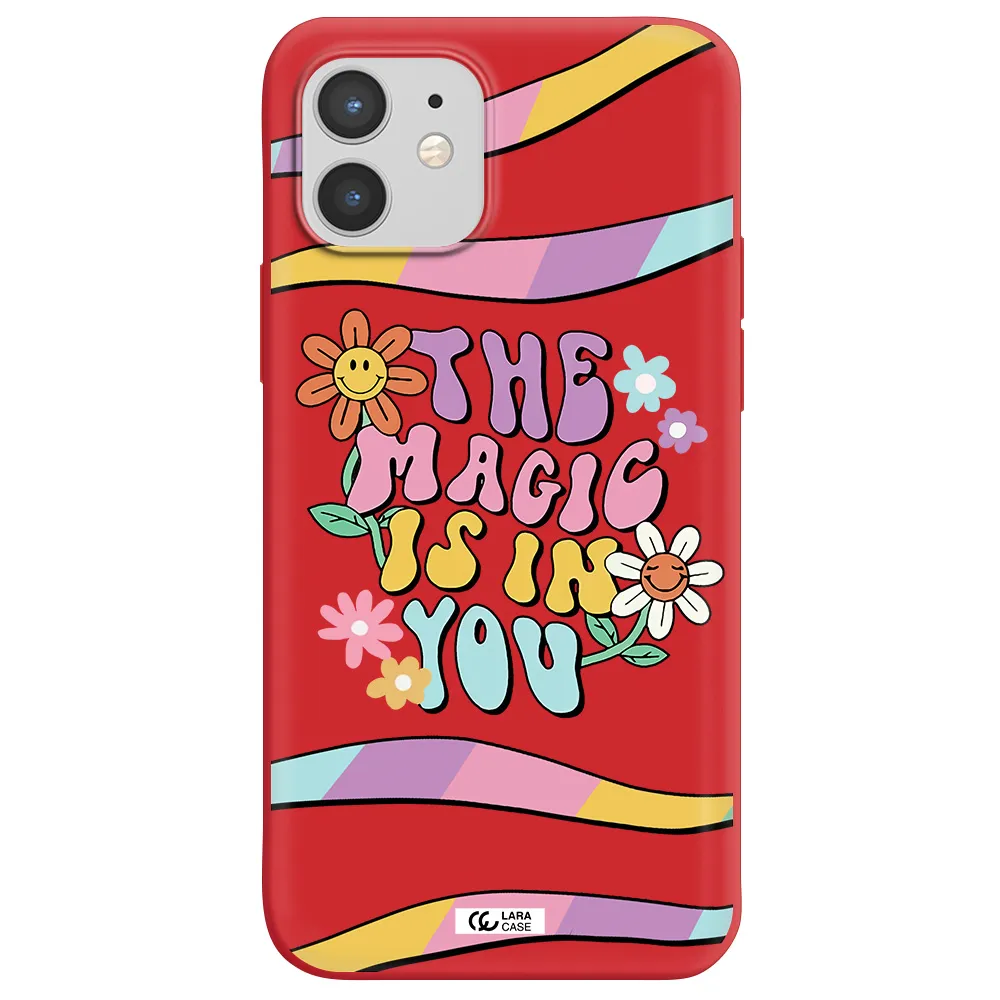a cartoon text with flowers Apple iPhone 12 Silicone Imperial Red Case