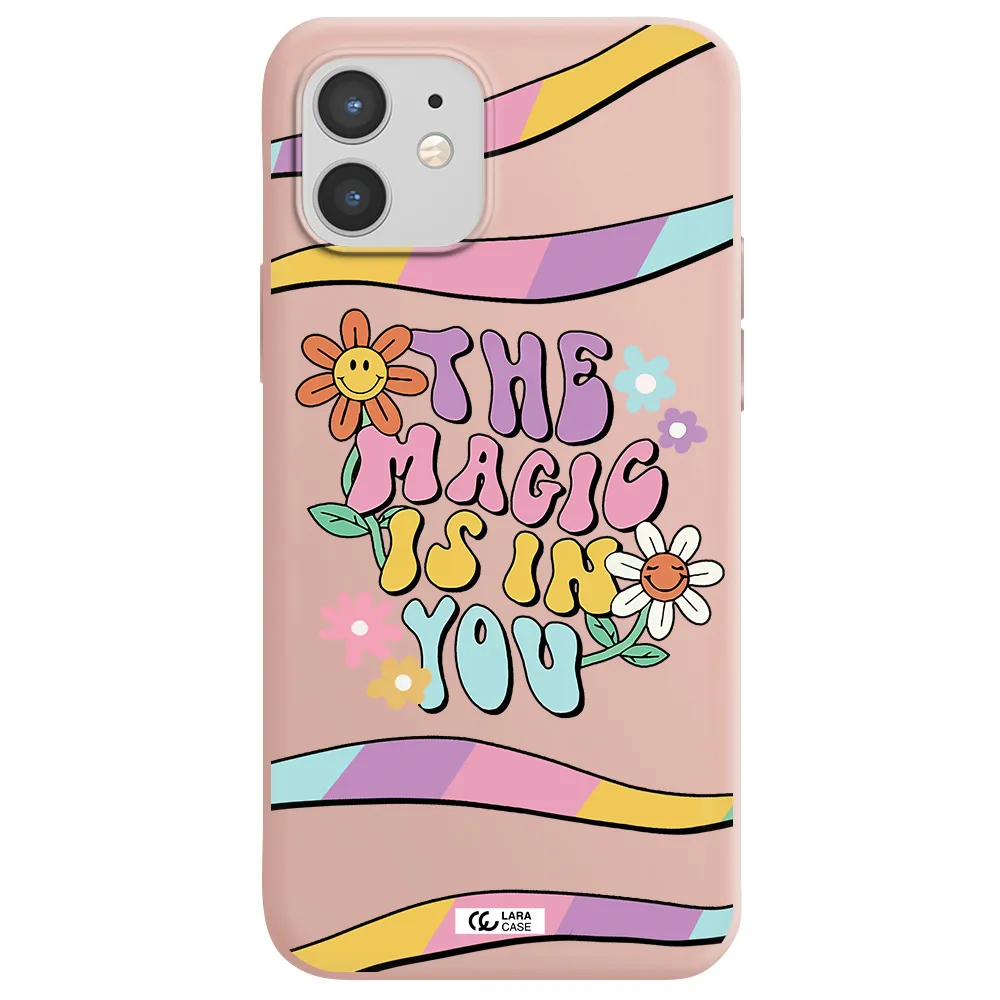 a cartoon text with flowers Apple iPhone 12 Silicone pastel pink Case