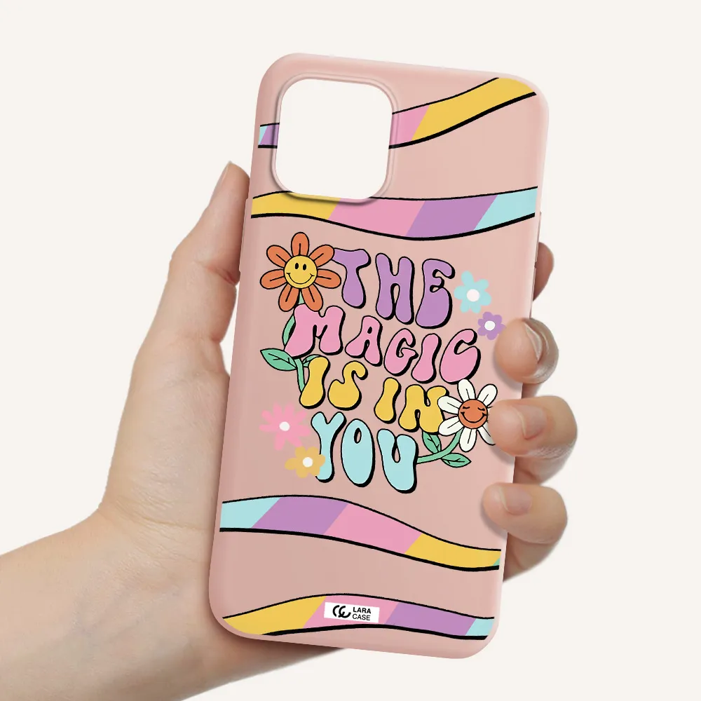 a cartoon text with flowers Apple iPhone 12 Silicone pastel pink Case