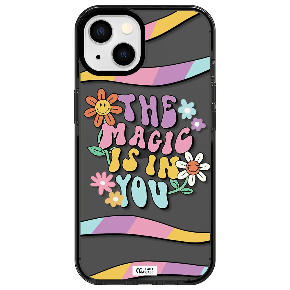 a cartoon text with flowers Apple iPhone 13 impact Smoke Black Case