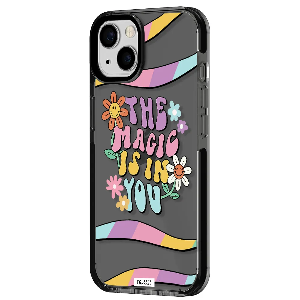 a cartoon text with flowers Apple iPhone 13 impact Smoke Black Case