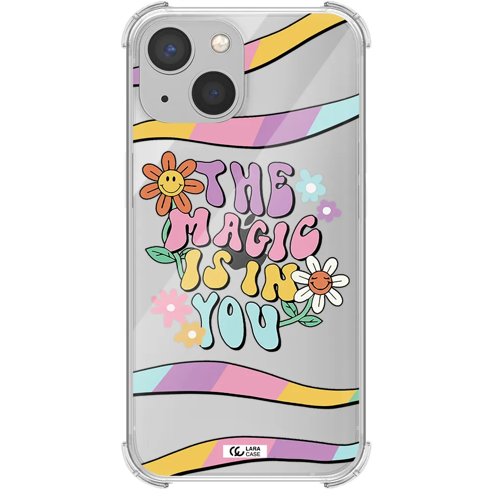 a cartoon text with flowers Apple iPhone 13 mini Clear PC Case