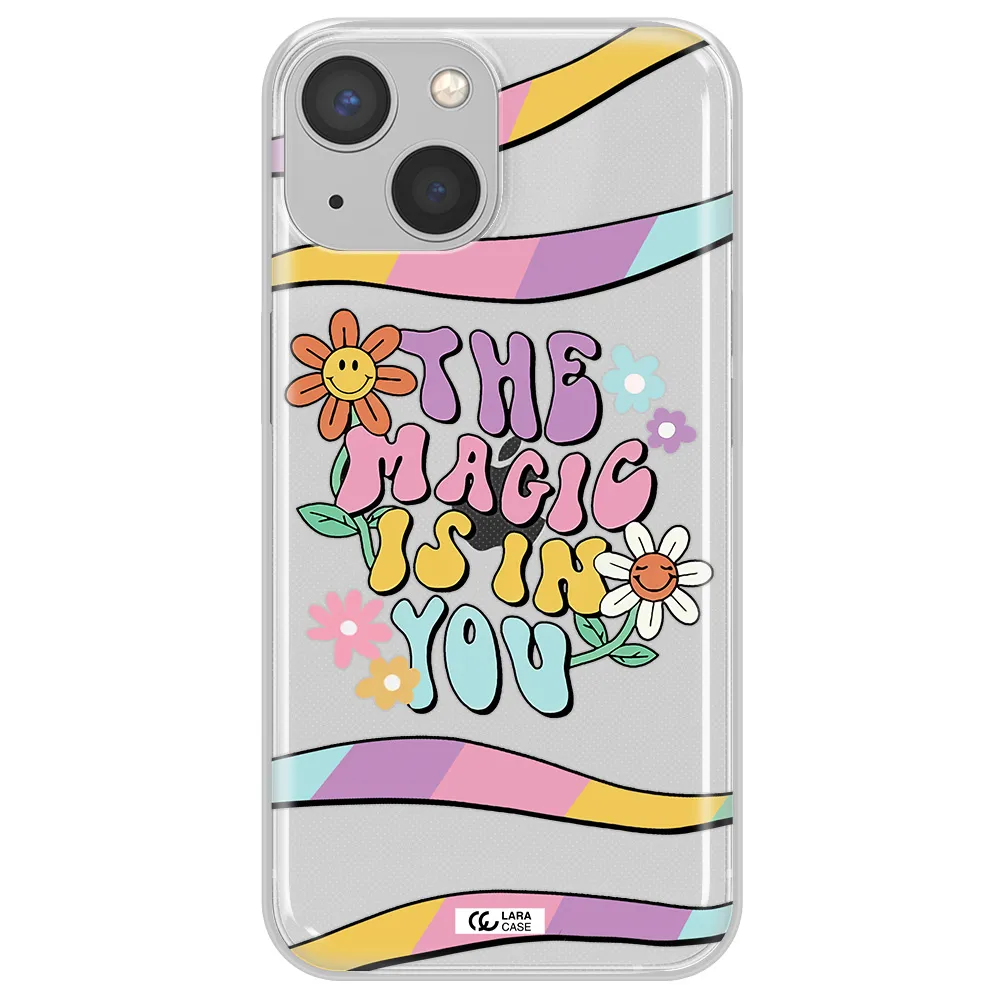 a cartoon text with flowers Apple iPhone 13 mini Clear TPU Case