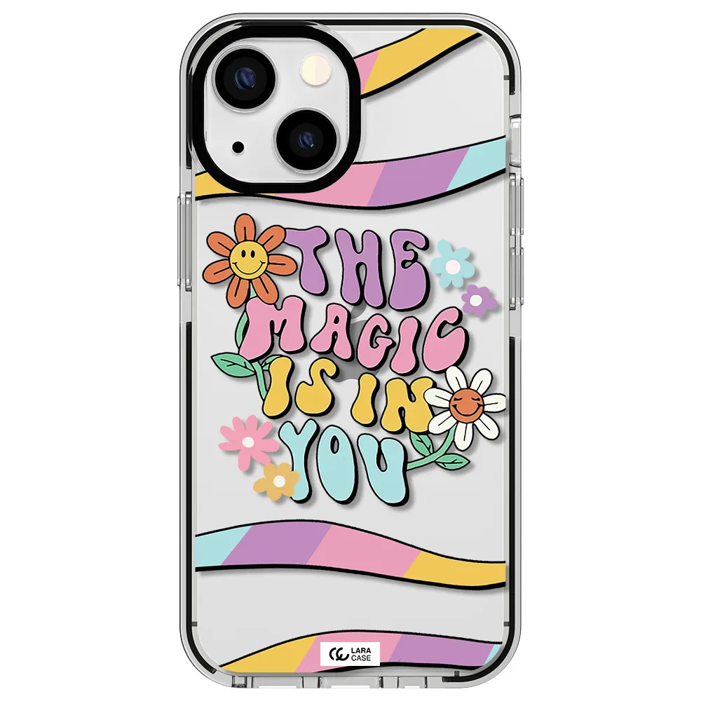 a cartoon text with flowers Apple iPhone 13 mini impact black border Case