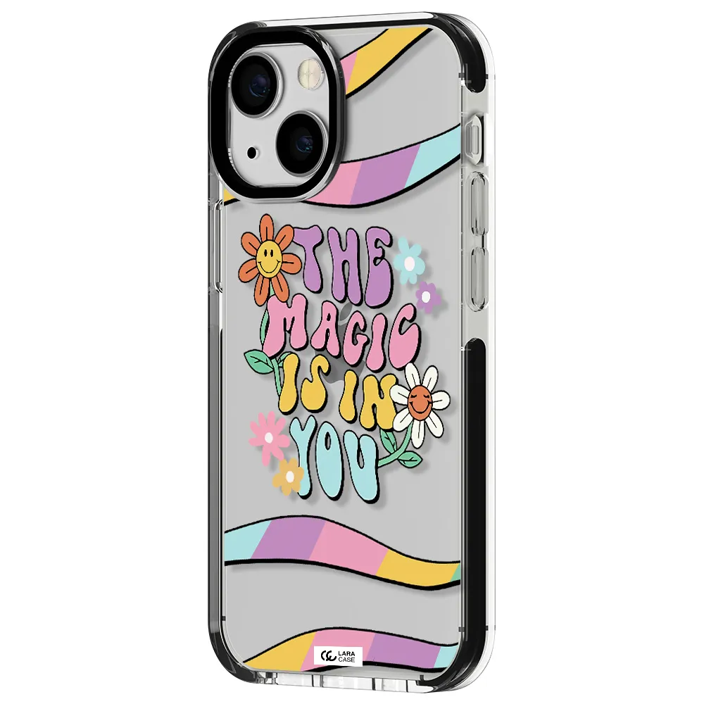 a cartoon text with flowers Apple iPhone 13 mini impact black border Case