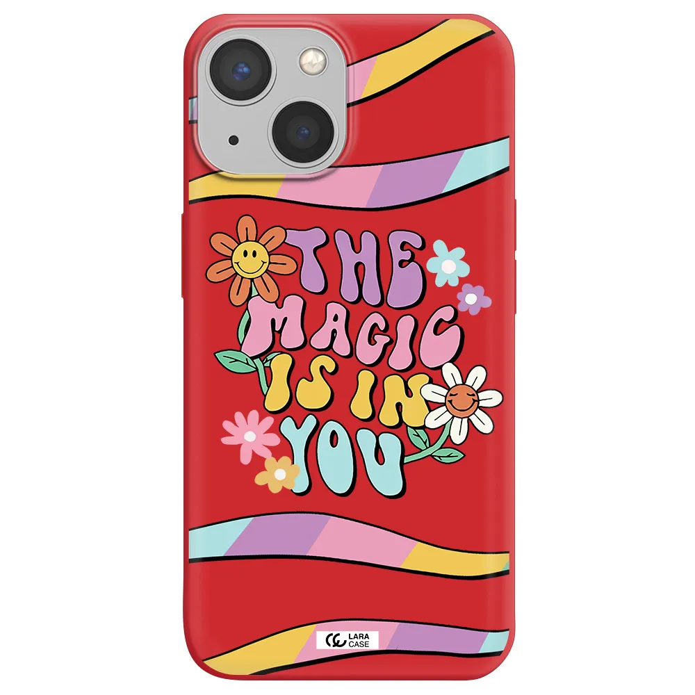 a cartoon text with flowers Apple iPhone 13 mini Silicone Imperial Red Case