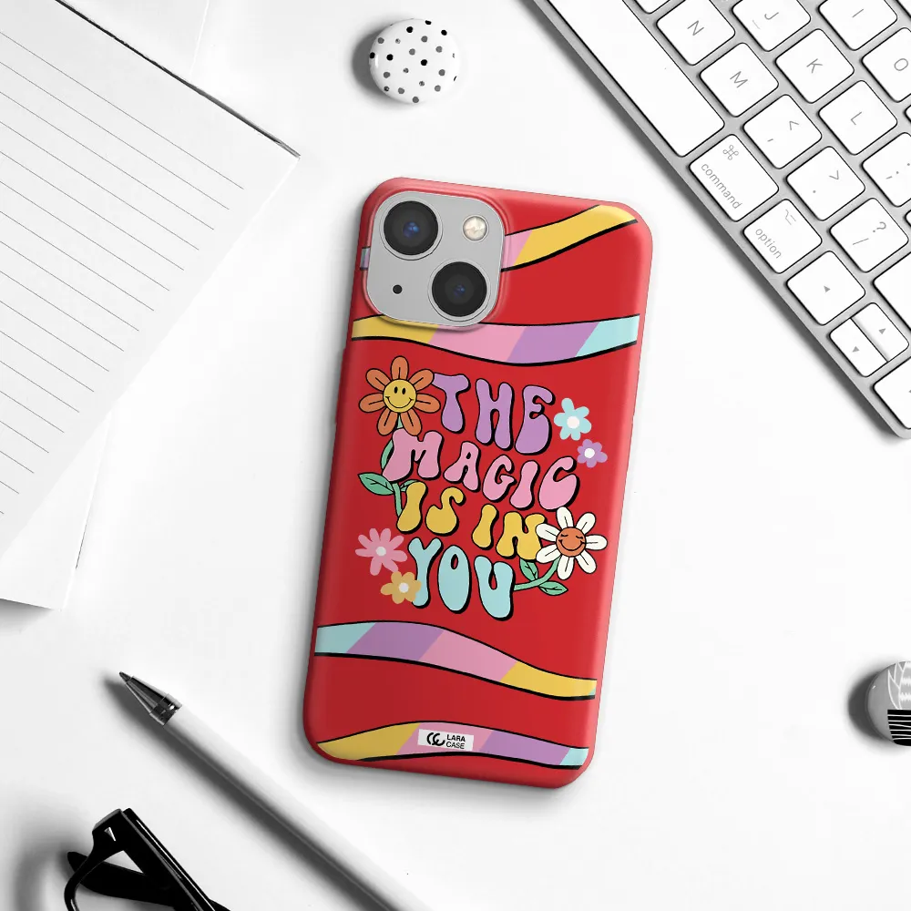a cartoon text with flowers Apple iPhone 13 mini Silicone Imperial Red Case