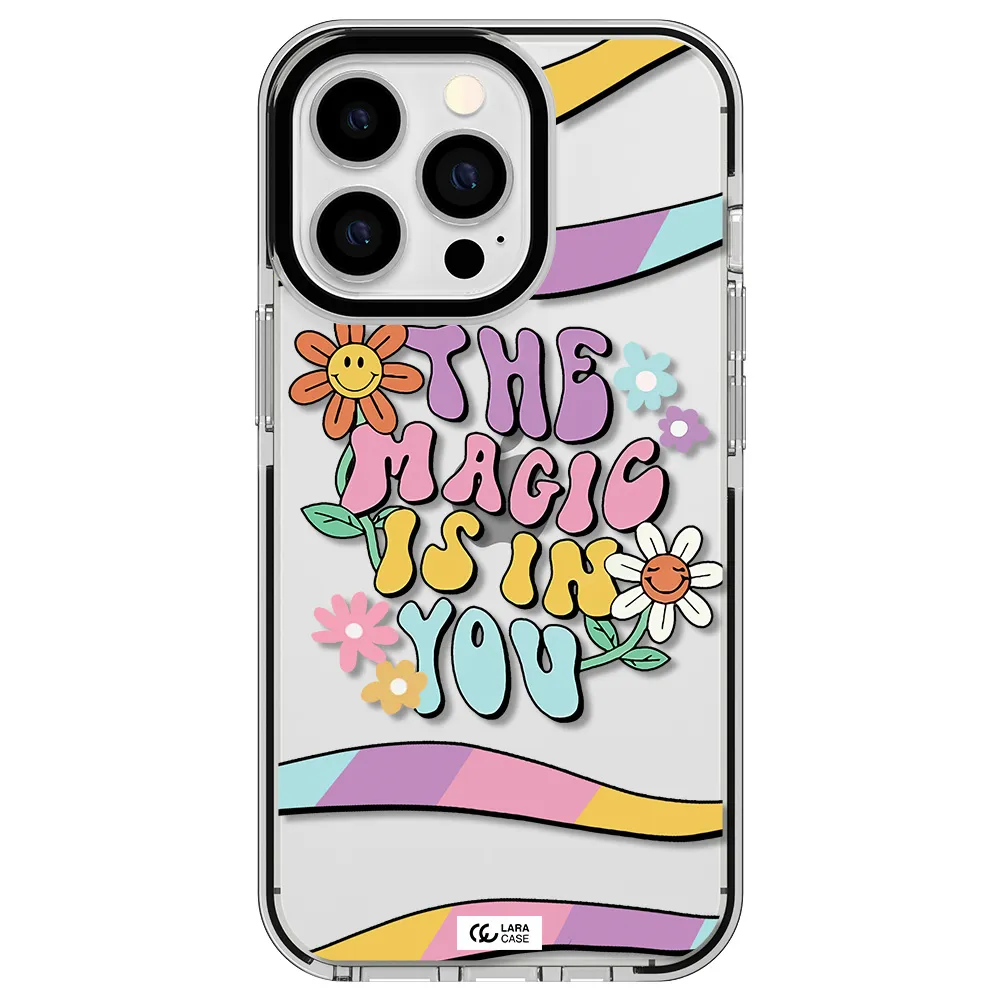 a cartoon text with flowers Apple iPhone 13 Pro impact black border Case