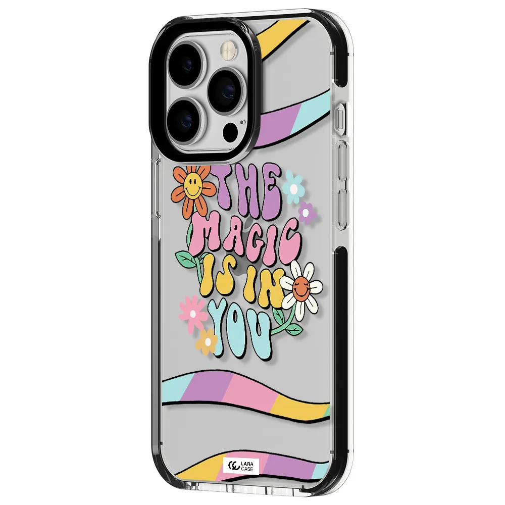a cartoon text with flowers Apple iPhone 13 Pro impact black border Case