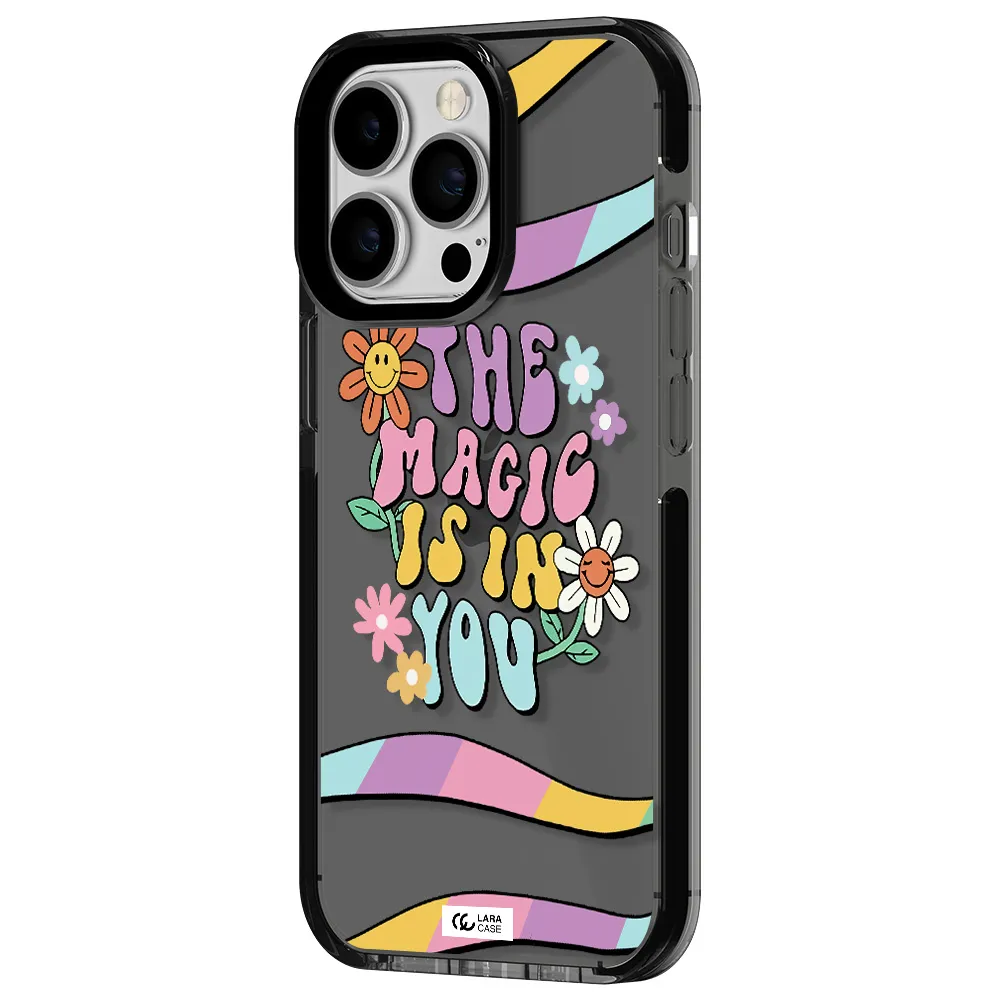 a cartoon text with flowers Apple iPhone 13 Pro impact Smoke Black Case