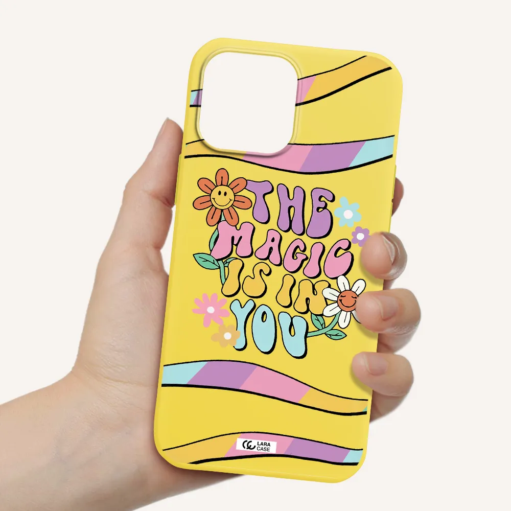 a cartoon text with flowers Apple iPhone 13 Pro Silicone canary yellow Case