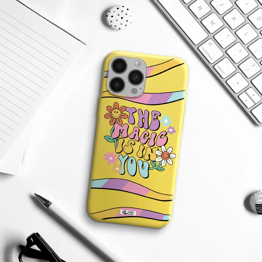 a cartoon text with flowers Apple iPhone 13 Pro Silicone canary yellow Case