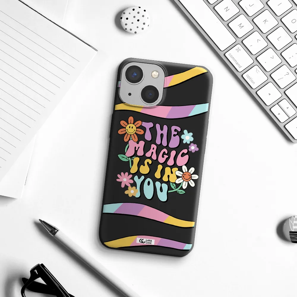 a cartoon text with flowers Apple iPhone 13 Silicone black Case