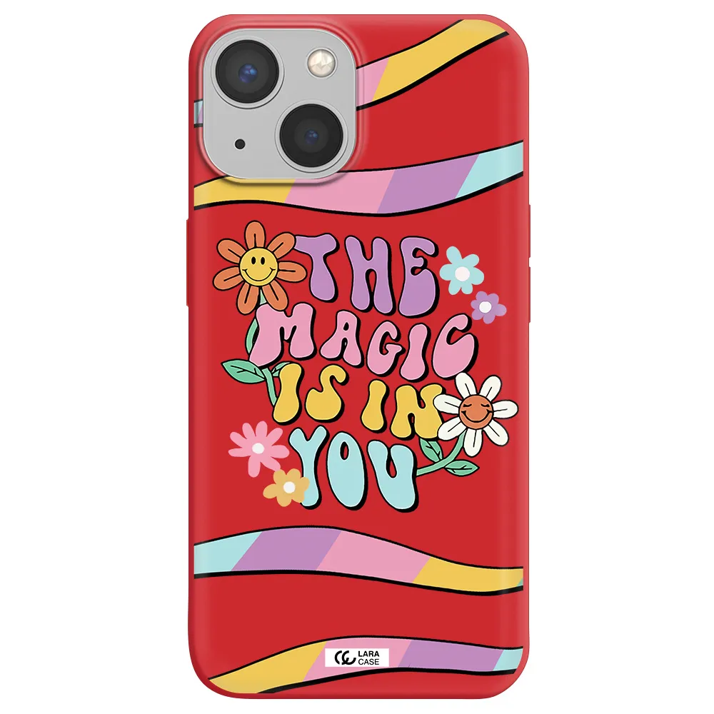 a cartoon text with flowers Apple iPhone 13 Silicone Imperial Red Case