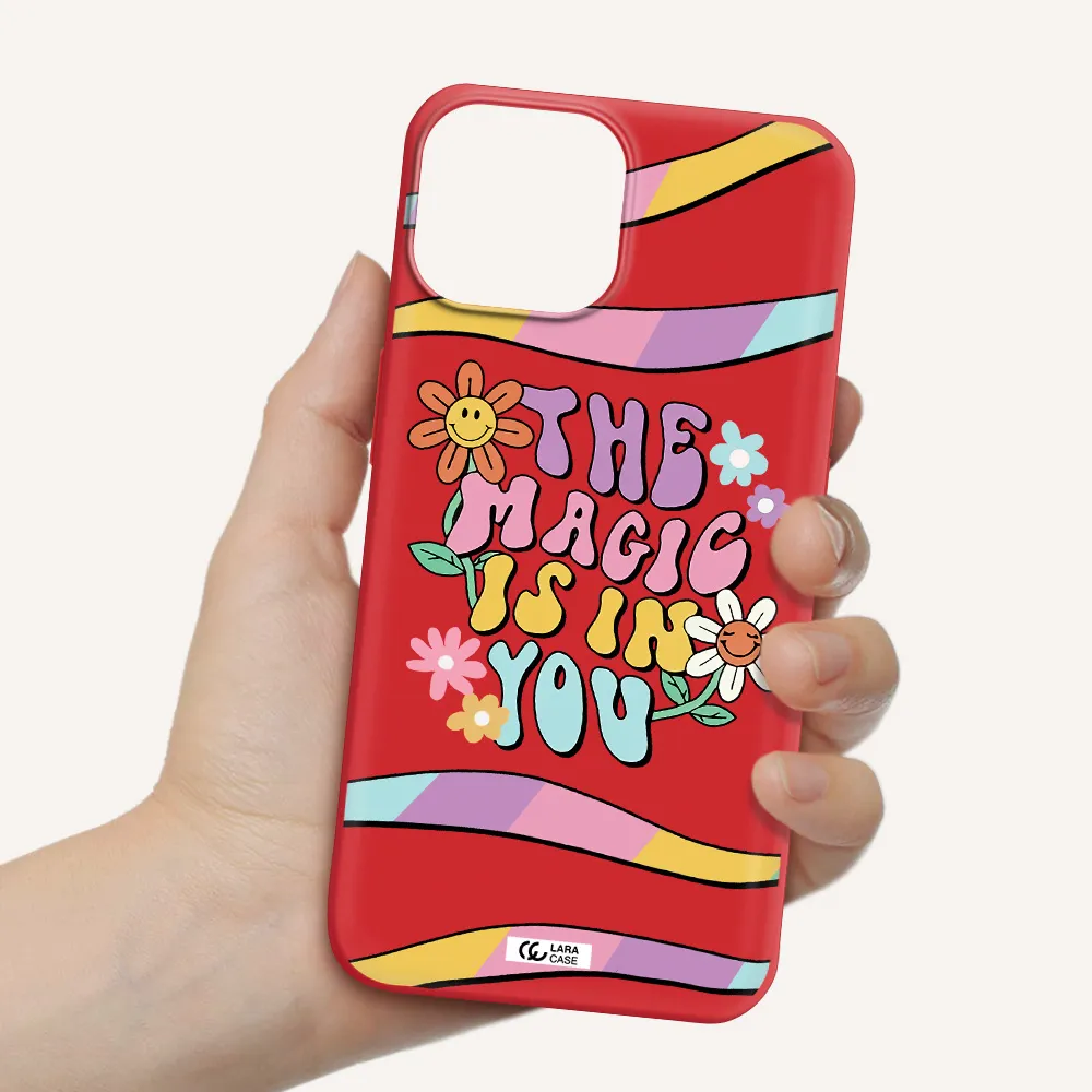 a cartoon text with flowers Apple iPhone 13 Silicone Imperial Red Case