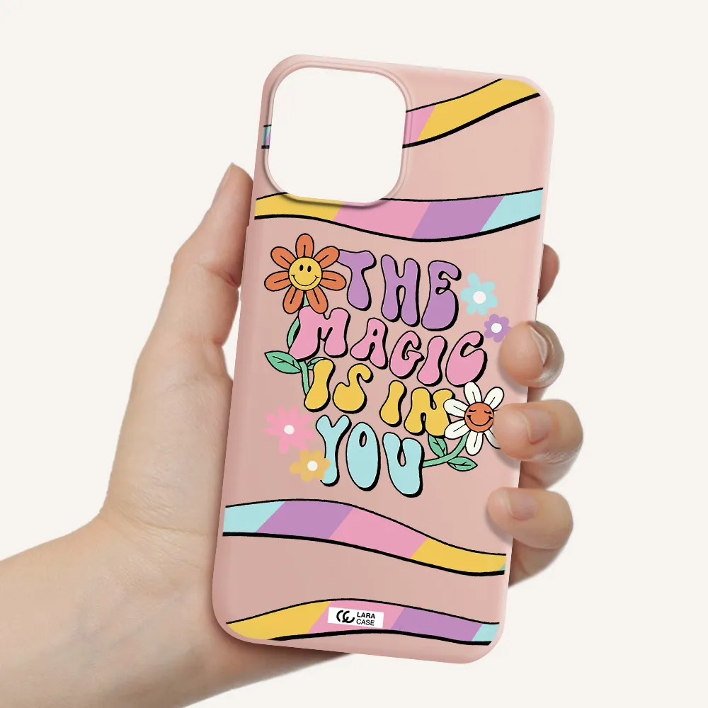 a cartoon text with flowers Apple iPhone 13 Silicone pastel pink Case