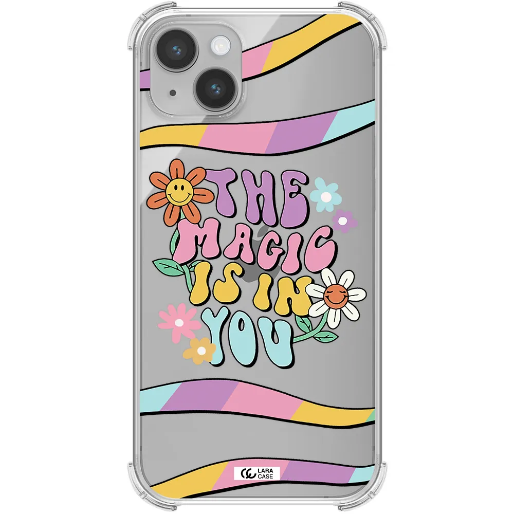 a cartoon text with flowers Apple iPhone 14 Clear PC Case