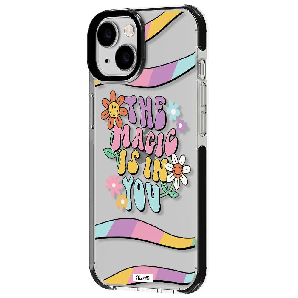 a cartoon text with flowers Apple iPhone 14 impact black border Case