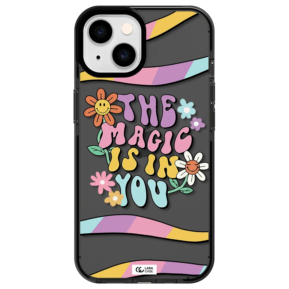 a cartoon text with flowers Apple iPhone 14 impact Smoke Black Case