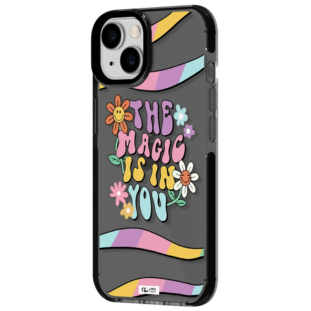 a cartoon text with flowers Apple iPhone 14 impact Smoke Black Case